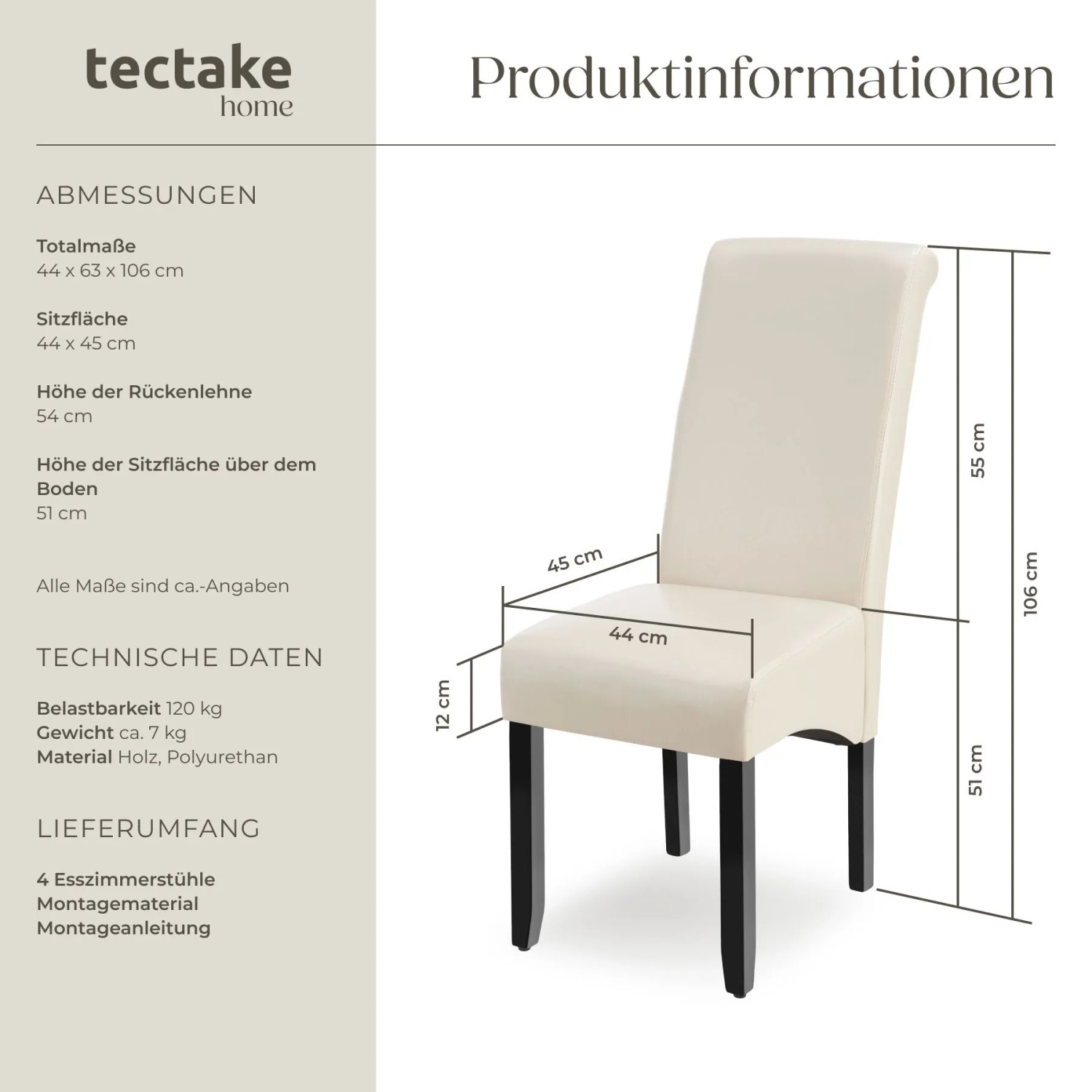 Tectake Esszimmerstuhl, 4er Set, creme, mit hoher Rückenlehne und Kunstlederbezug.