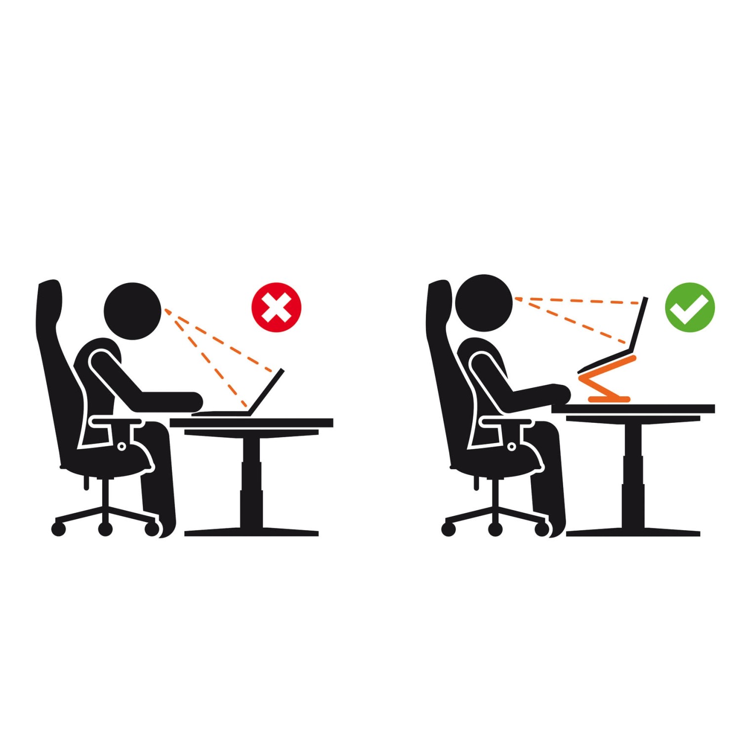Illustration: Falsche vs. richtige Körperhaltung mit Laptopständer. Durable Laptop Tischständer.