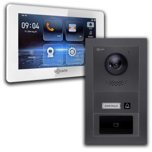 Goliath IP Video Türsprechanlage mit 7 Zoll Monitor, RFID, in Weiß und Anthrazit.
