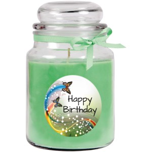 Grüne Duftkerze im Glas mit "Happy Birthday" Motiv, Bonbon Coconut Limes Duft.