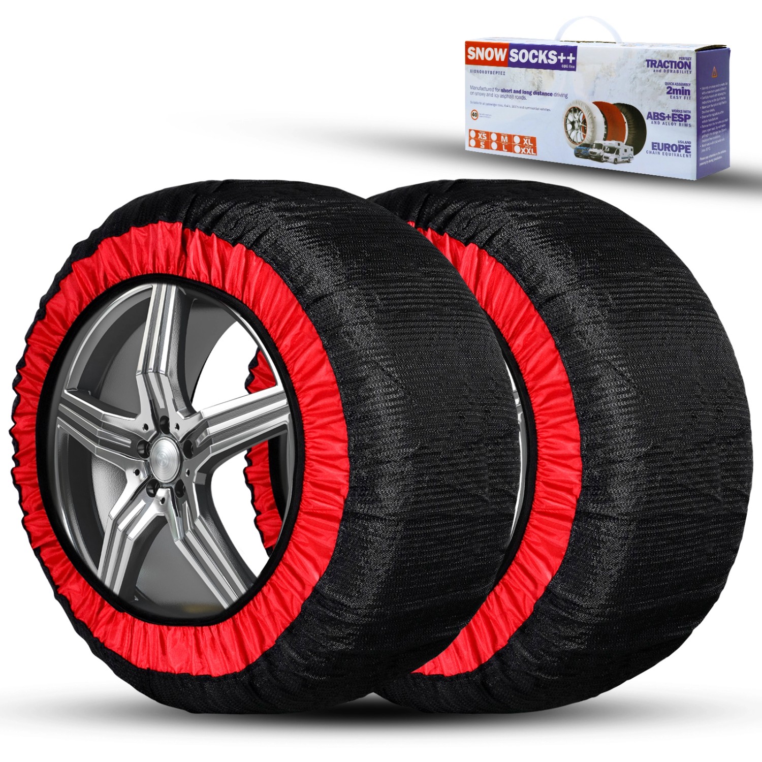 CCLIFE Schneesocken Auto 2er Set Textil-Schneeketten Geeignet für PKW Kleinwagen und SUV Reifengrößen R14 bis R20