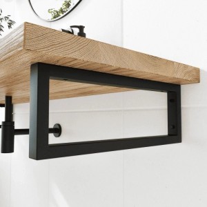 HEVVA RHEIN Waschtischhalterung, schwarz, aus Metall, trägt Holzplatte an weißer Wand. Modernes Badaccessoire.