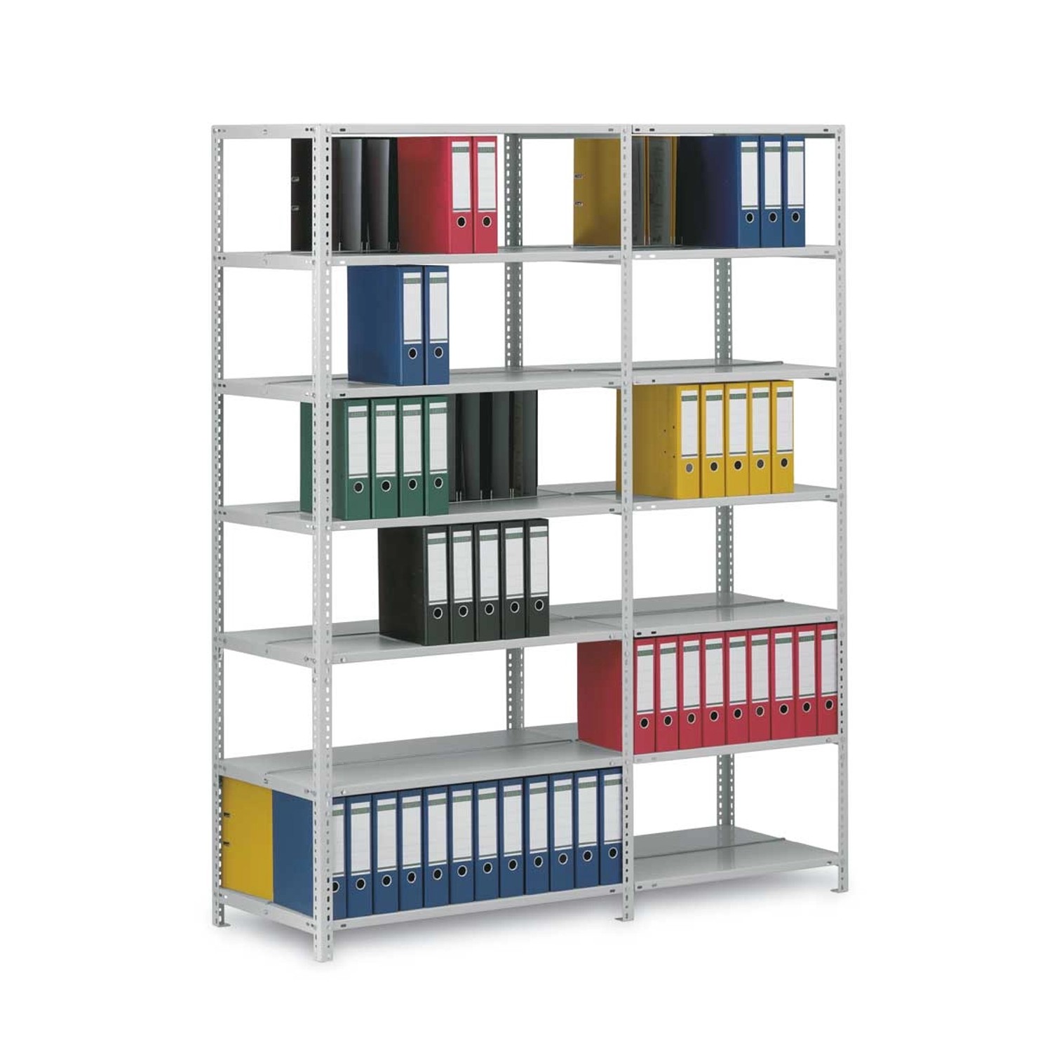 Lichtgraues PROREGAL Aktenregal mit 9 Ebenen und Aktenordnern in verschiedenen Farben.