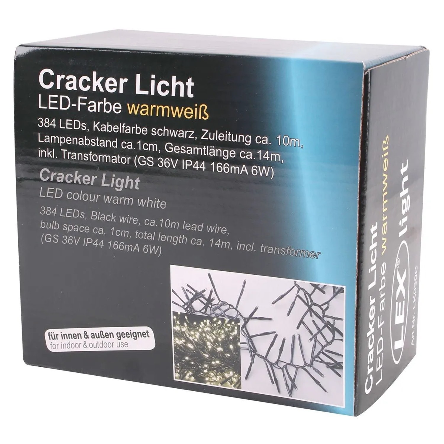 Lex 384 LED Cracker Lichterkette 4m Außen Innen Weihnachten Party Licht Warmweiss