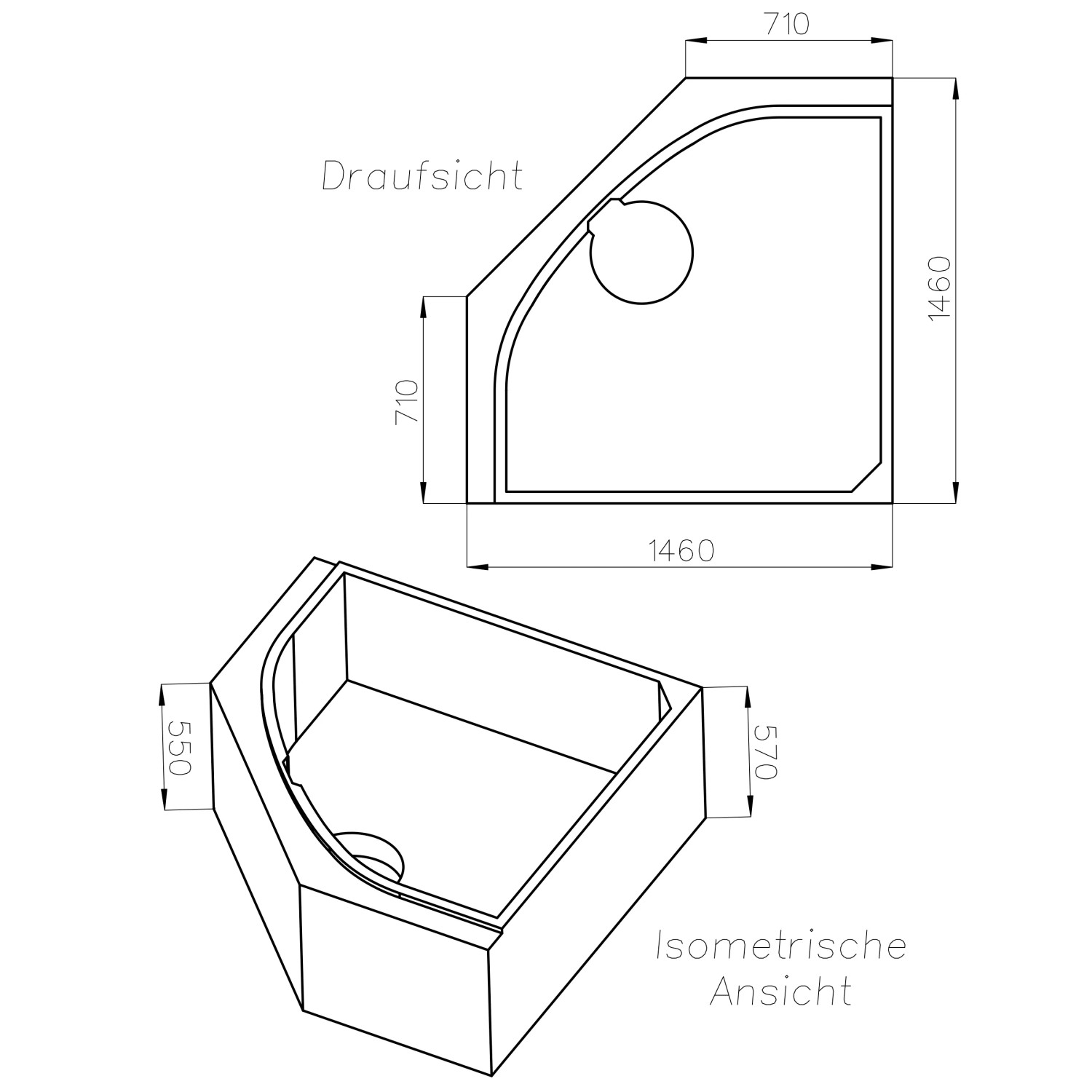 Technische Zeichnung Ottofond Wannenträger Cascade mit Maßen in Draufsicht und isometrischer Ansicht.