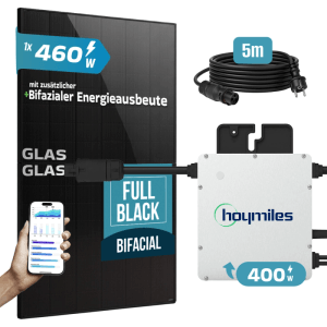 SUNNIVA Balkonkraftwerk 460W mit Wechselrichter, Solarmodul, Kabel. Bifazial, Fullblack Glas-Glas.
