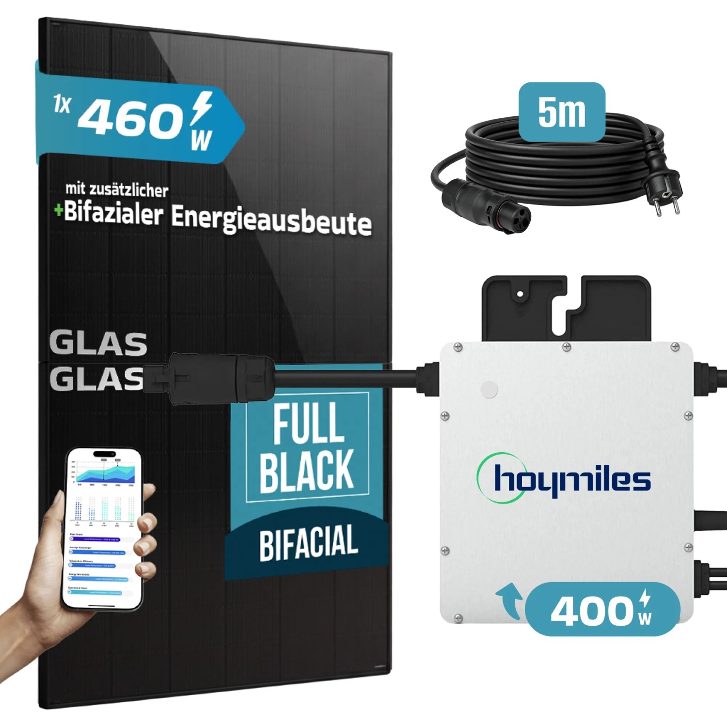 SUNNIVA Balkonkraftwerk 460W mit Wechselrichter, Solarmodul, Kabel. Bifazial, Fullblack Glas-Glas.