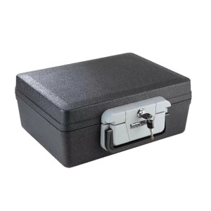 Schwarze, feuerfeste Westfalia Dokumentenbox aus Kunststoff mit Schlüssel.