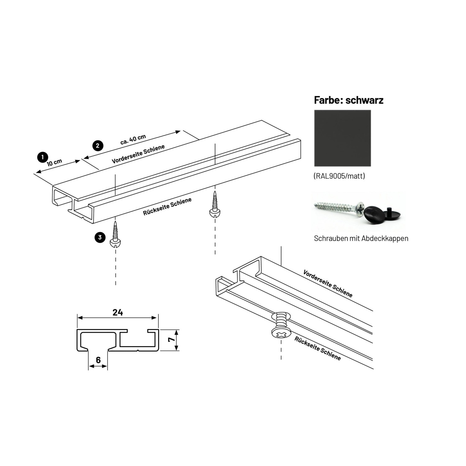 Deco-Raum Gardinenschiene nach Maß 1-Lauf Deckenmontage Minimal Schwarz 360cm_2