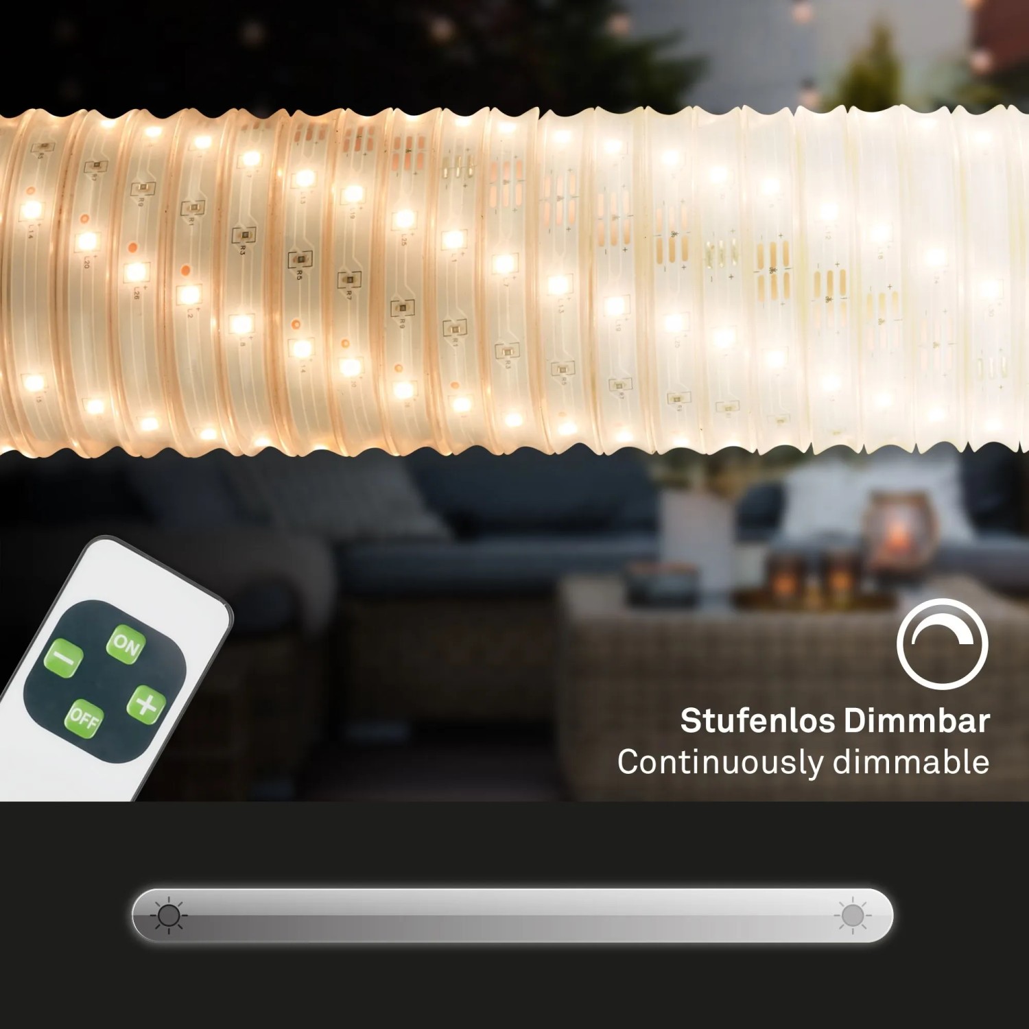 Flexibler LED-Streifen für den Außenbereich, warmweiß, dimmbar, mit Fernbedienung.