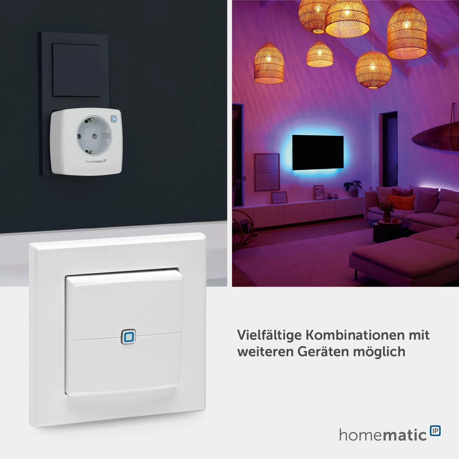 Weißer Homematic IP Wandtaster 2-fach für Smart Home Hausautomation. Zeigt Steuerung von Licht/Heizung und Integration.