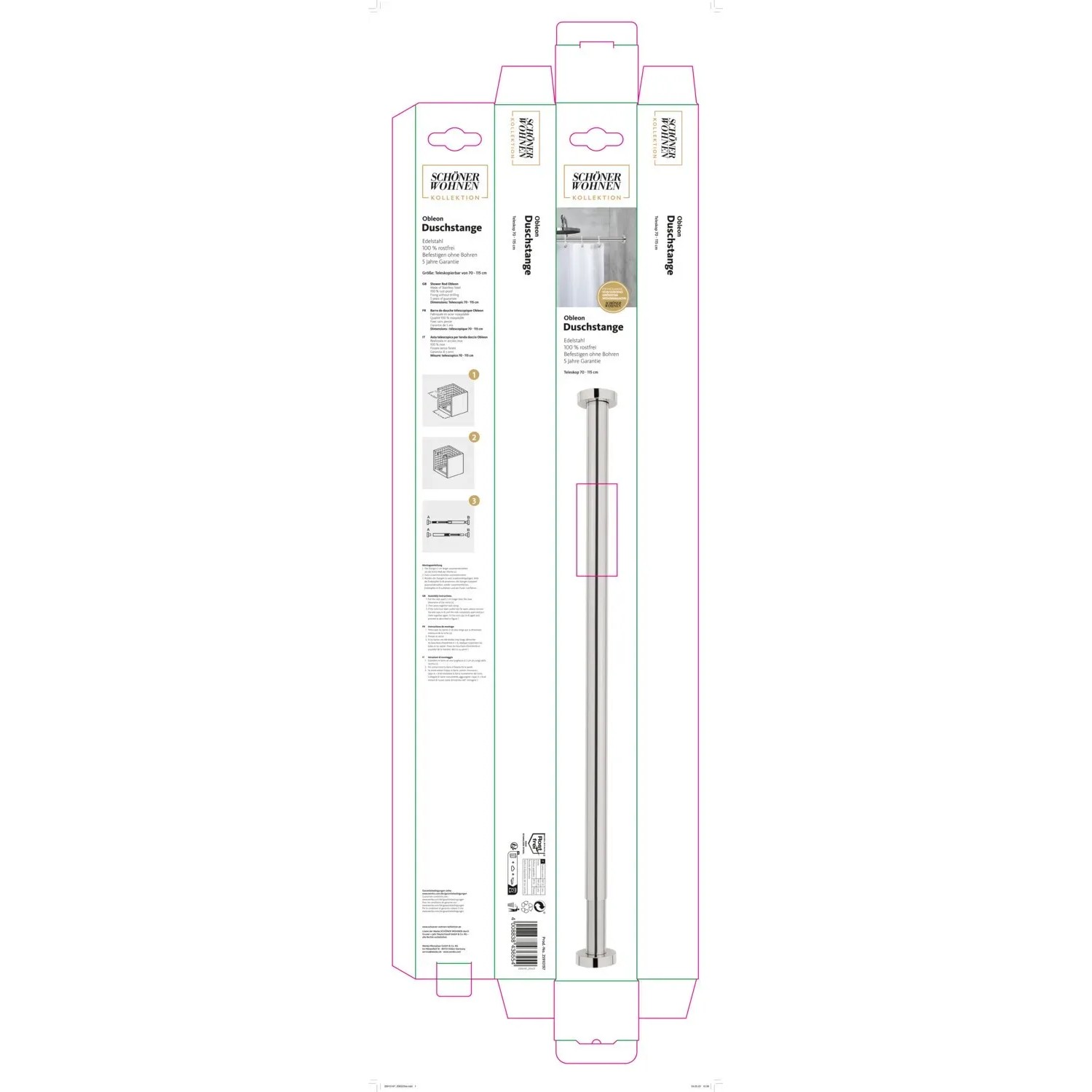 Verpackung der Schöner Wohnen Teleskop-Duschvorhangstange Obleon, 70-115 cm, Chrom.