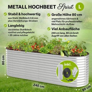 TTL GARDEN Ovales Garten-Hochbeet SPIRIT L 240×80×80 cm – Großes Metall Hochbeet Verzinkt in Silber für Garten & Terrasse