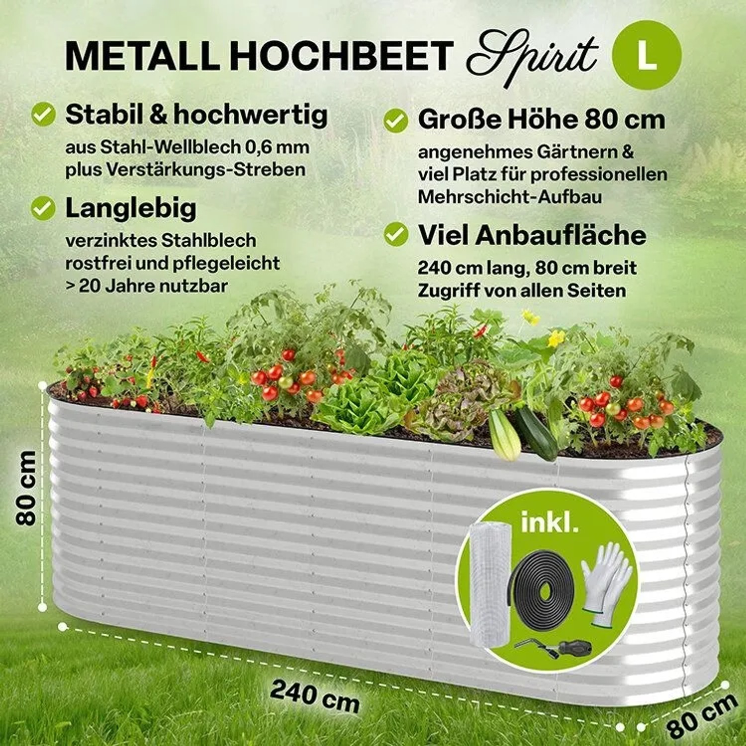 TTL GARDEN Ovales Garten-Hochbeet SPIRIT L 240×80×80 cm – Großes Metall Hochbeet Verzinkt in Silber für Garten & Terrasse_3