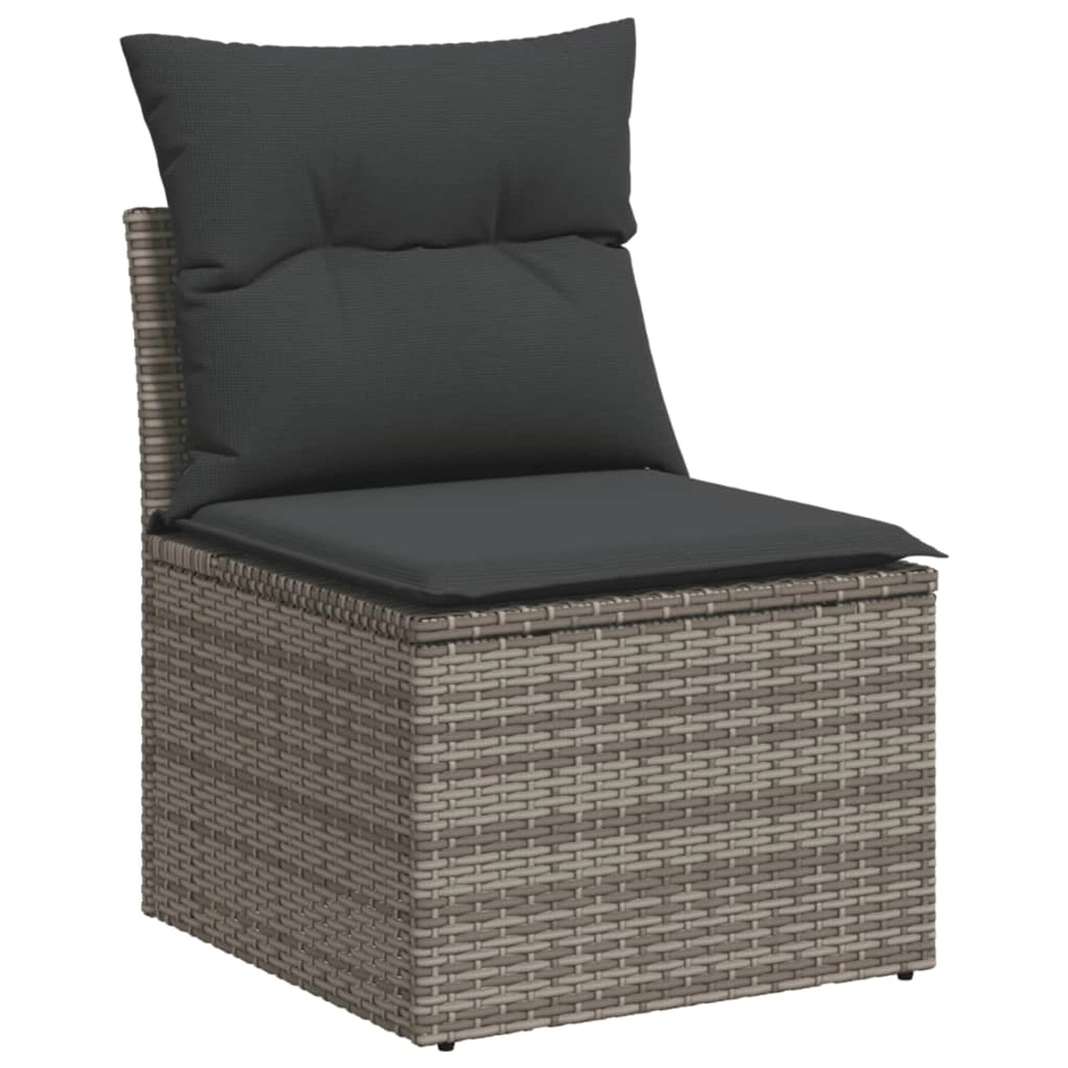 Graues vidaXL Gartensofa aus Rattan mit Kissen, Teil einer 5-tlg. Gartenmöbel-Garnitur.