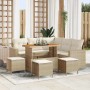 Beiges 9-teiliges vidaXL Garten-Sofa-Set aus Polyrattan mit Tisch und Hockern.