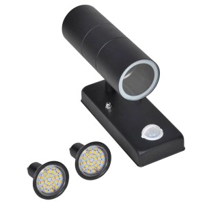Schwarze vidaXL LED-Wandleuchte in Zylinderform aus Edelstahl mit Sensor und zwei Leuchtmitteln.