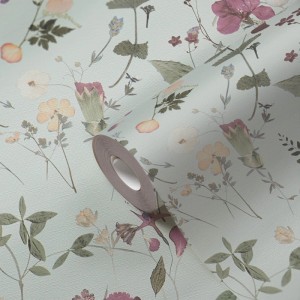 PROFHOME Vliestapete mit Blumenmuster in Grün, Violett und Gelb. Dekorative Tapete für Wohnräume.