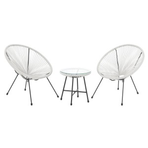 Svita Bali Gartenmöbel Set: Weiße Lounge Garnitur mit 2 Sesseln und Tisch mit Glasplatte.