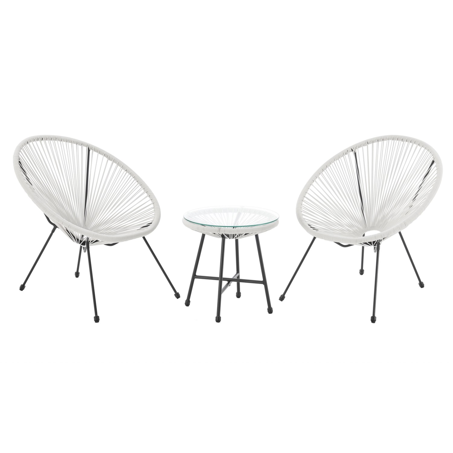 Svita Bali Gartenmöbel Set: Weiße Lounge Garnitur mit 2 Sesseln und Tisch mit Glasplatte.