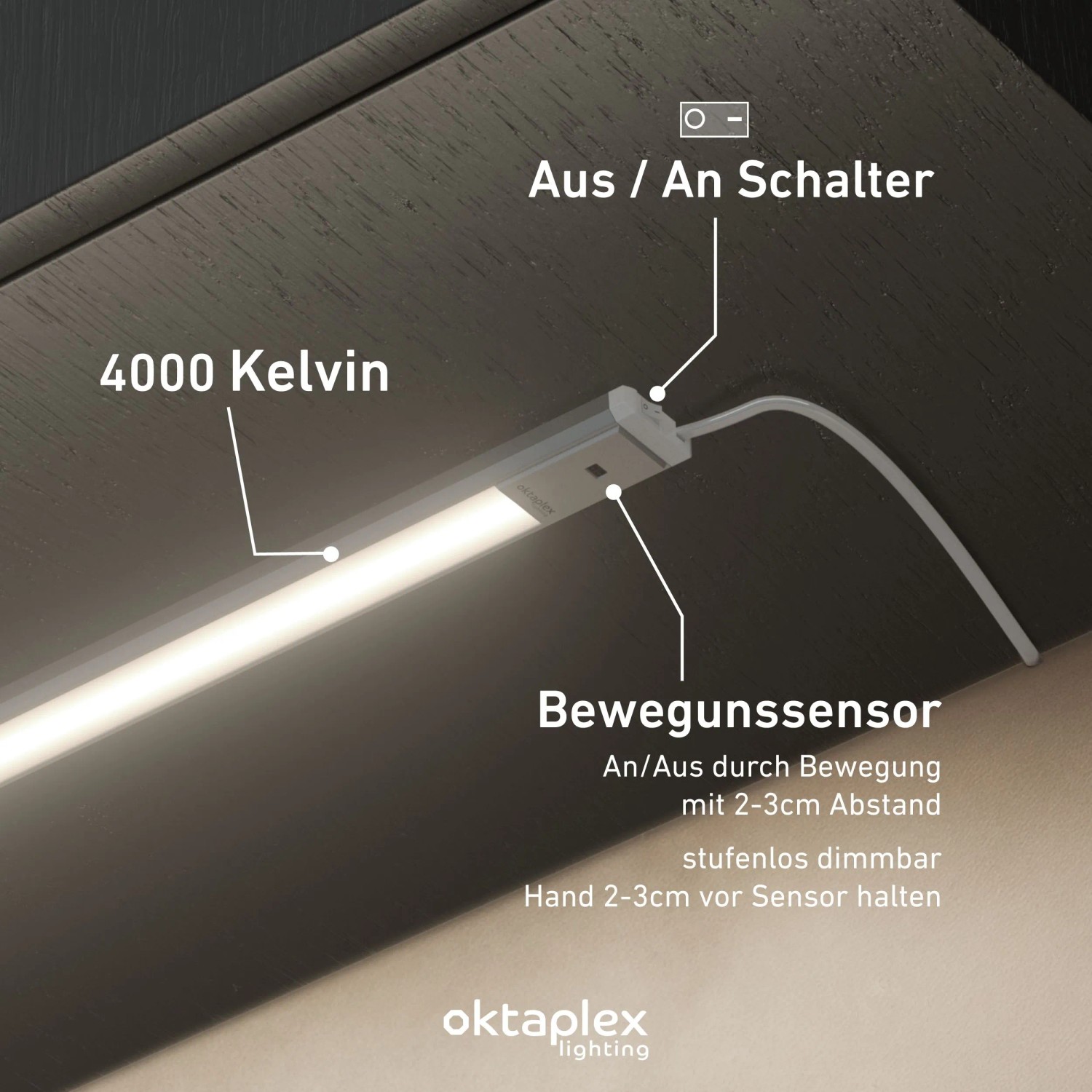 Oktaplex Riva LED Unterbauleuchte, 40cm, mit Sensor und Schalter, neutralweißes Licht.