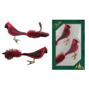 Krebs Glas Lauscha Weihnachtsornamente: 2 rote Kardinal-Vögel mit Federn, 8cm, zum Aufhängen.