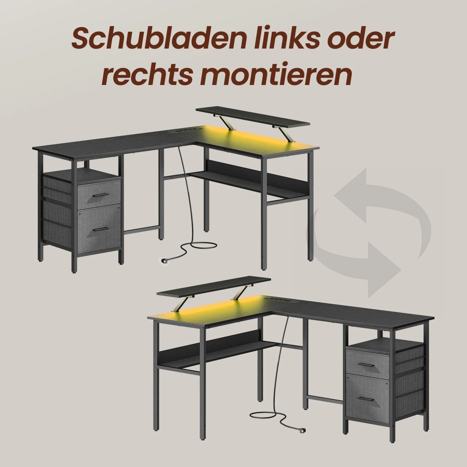 Songmics Schreibtisch Brandon, L-Form, schwarz, mit LED-Beleuchtung und Schubladenposition variabel.