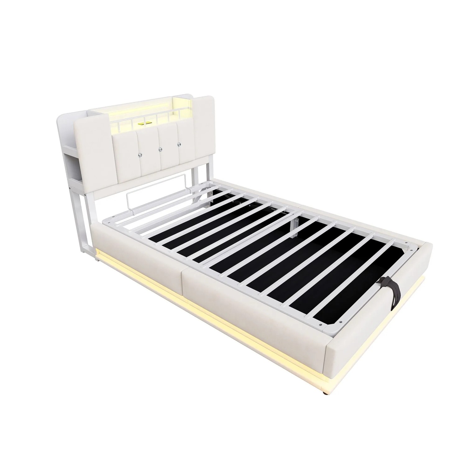 Merax Kinderbett 90x200cm LED USB Stauraum Samt Beige