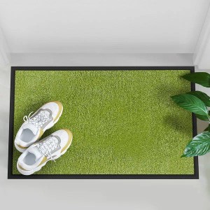 Grüne Karat Schmutzfangmatte Rhine 120x180 cm als Fußmatte vor einer Tür mit Schuhen.