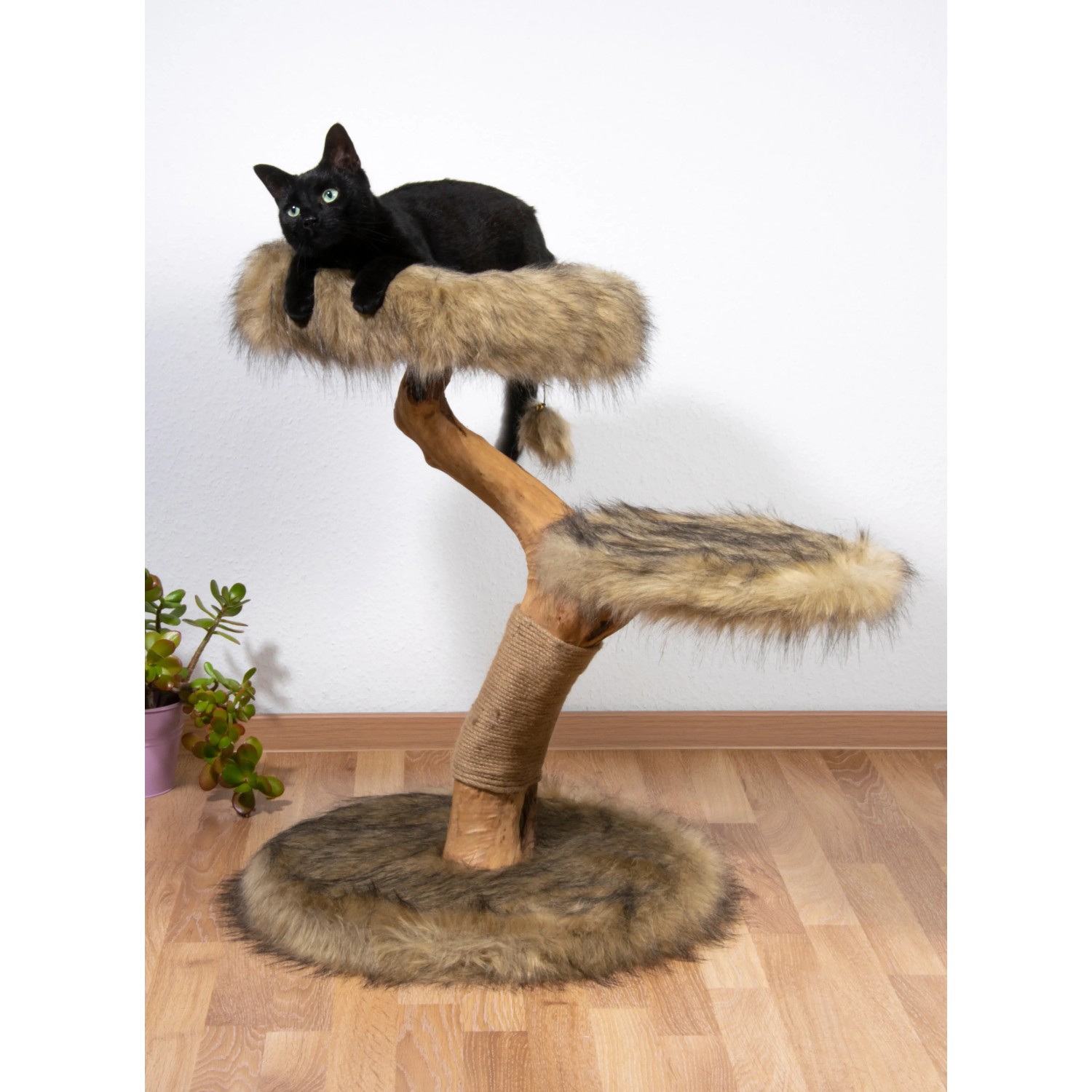 Dobar Design Katzenmöbel Jimmy mit schwarzer Katze auf flauschiger Liegefläche.