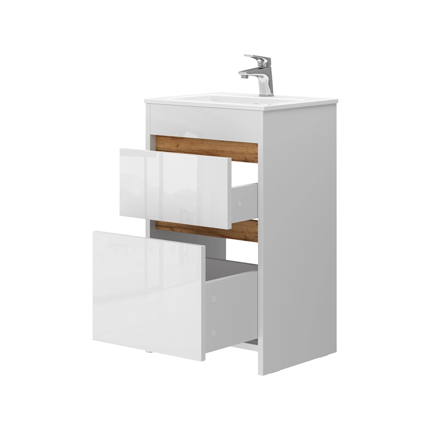 Vicco Badmöbel-Set Detmold, weiß/hochglanz, 2-teilig mit Waschbecken und Schubladen.