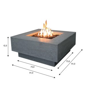 Elementi Gasfeuerstelle Raung in Beton-Optik Grau mit Flammen und Maßangaben.