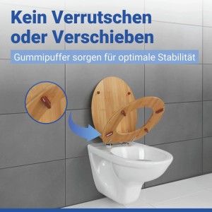 Wenko WC-Sitz aus Bambus auf Toilette. Gummipuffer sorgen für stabilen, rutschfesten Halt. Badzubehör.