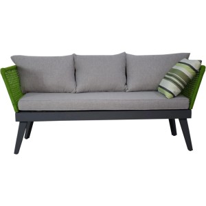 Grau-anthrazitfarbenes Gartensofa Cuba mit grüner Seilwicklung und grauen Kissen.
