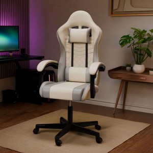 Juskys Gamingstuhl HyperSeat, beige/hellgrau, mit Nacken- und Rückenkissen.