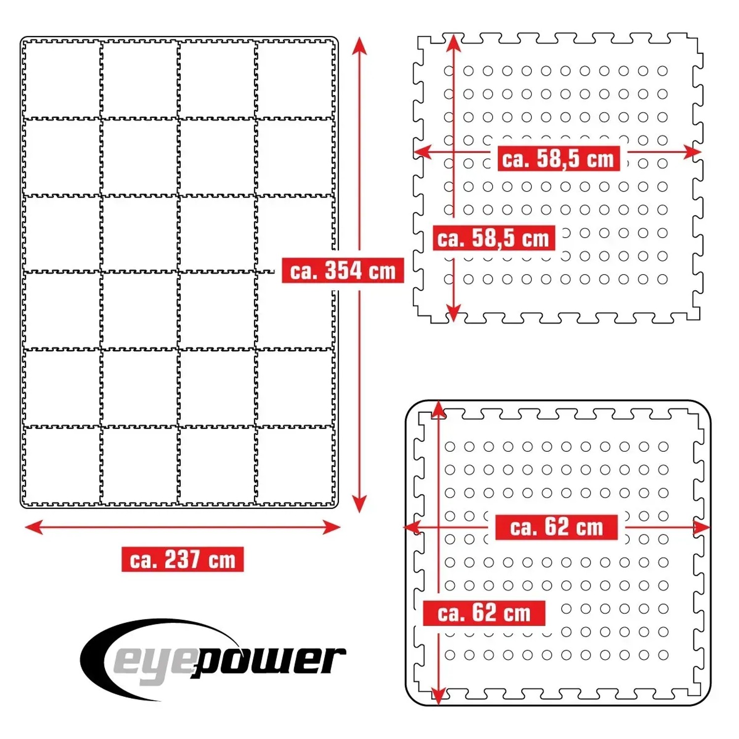 Grünes eyepower Poolmatte 24er Set, 62x62cm, als Unterlegmatte für runde Pools. Detailabbildungen mit Maßen.