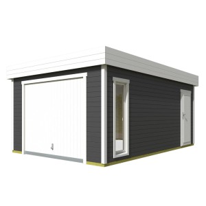 Moderne, carbongraue Lasita Garage Bahamas 2 mit Schwingtor, Fenster und Tür.