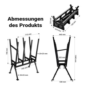 Technische Zeichnung des Wiltec Holzsägebocks, klappbar, mit 4 Stammhaltern. Zeigt Maße des Arbeitsbocks.