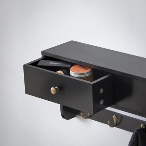 Schwarze SoBuy Wandgarderobe mit 2 Schubladen, 5 Haken und geöffneter Schublade.