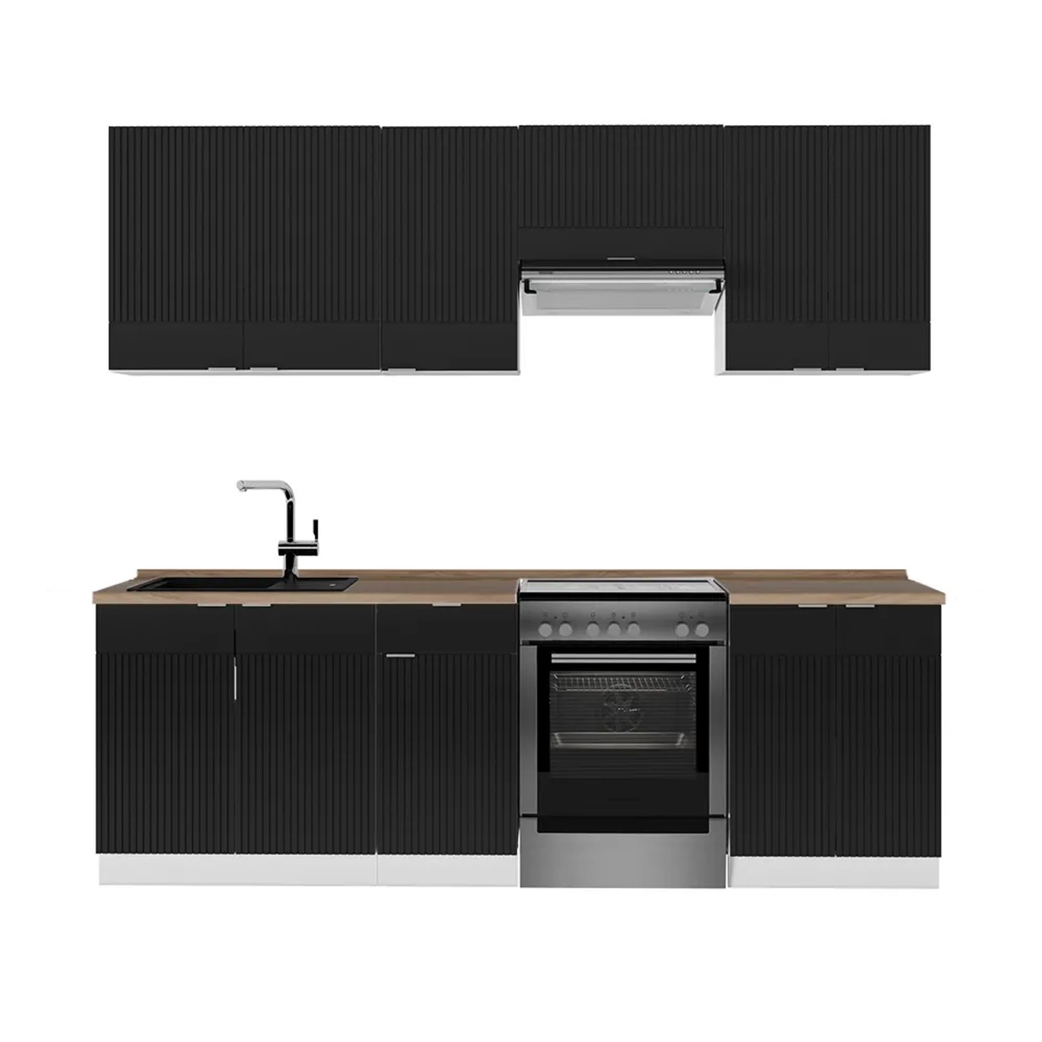 Vicco Fame-Line Küchenzeile Schwarz gestreift/Weiß 240 cm AP Eiche ohne E-Geräte