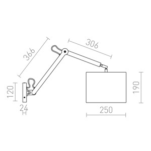 Technische Zeichnung der Rendl MADISON W Wandleuchte mit Maßen. Zweiarmige Leuchte mit Textilschirm.