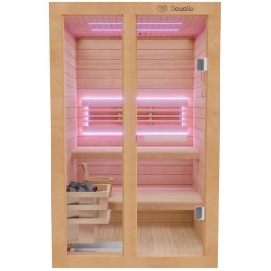 Finnische Sauna Tofino 120x140 mit Harvia Ofen und Aufguss-Set, Hemlocktanne, Innenbeleuchtung.