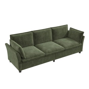 Grünes 3-Sitzer XXXL Chenille Sofa mit weicher Polsterung und Kissen. Geräumiges Wohnzimmer-Sofa.