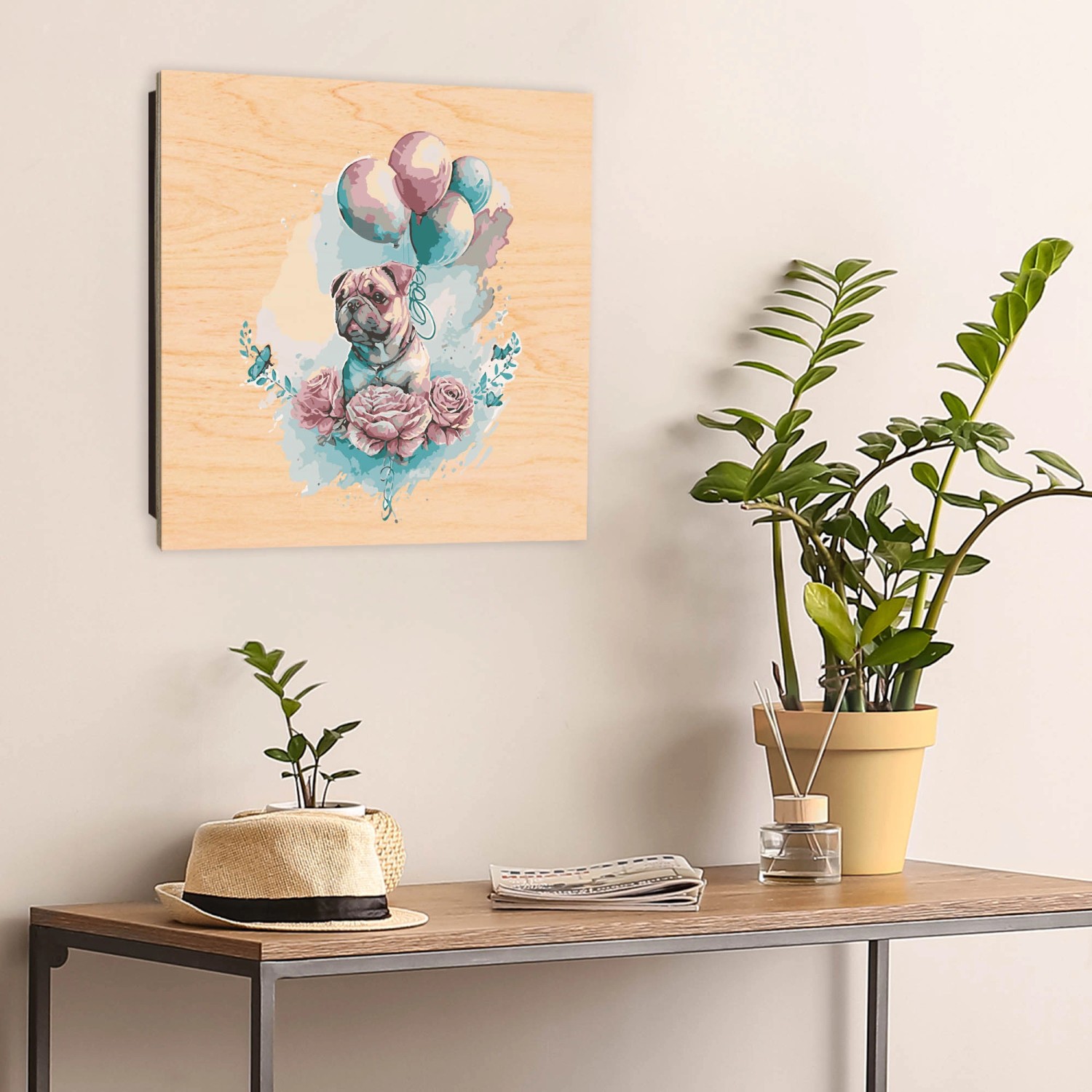 Schwarzer Banjado Schlüsselkasten mit Holzfront, Motiv Pudeliges Blumenglück, 50 Haken.