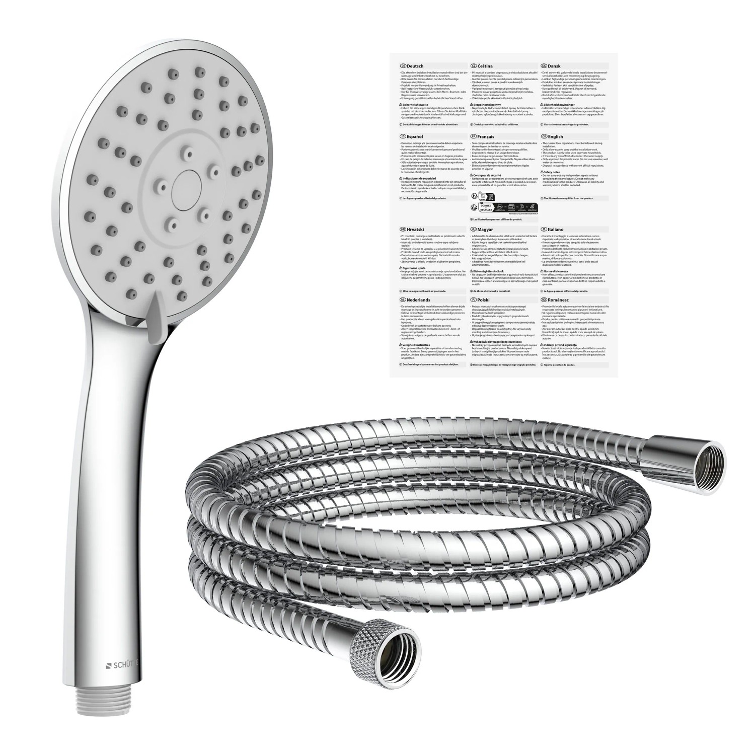 Schütte Handbrause-Set Napoli Chrom mit Brausekopf, Schlauch und Montageanleitung.