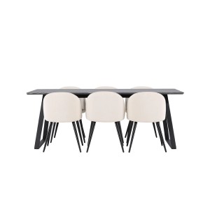 ebuy24 Malaga Essgruppe mit dunklem Tisch und 6 beigen Skagen Samtstühlen.