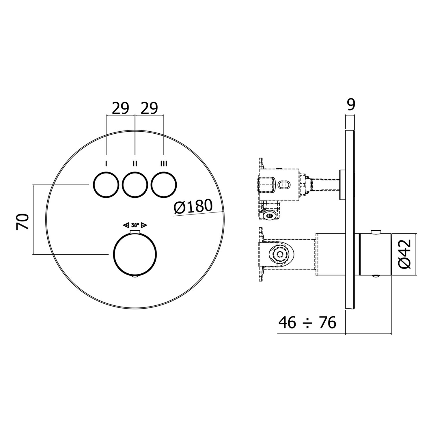 Technische Zeichnung: Kronenbach Unterputz Thermostat für 3 Verbraucher, runde Ausführung, Smart Push, schwarz matt.