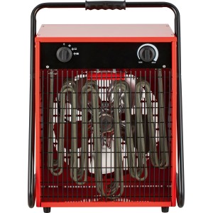 Roter Industrieheizlüfter Hot Air Estrup 15000 W mit Tragegriff und Heizspiralen.