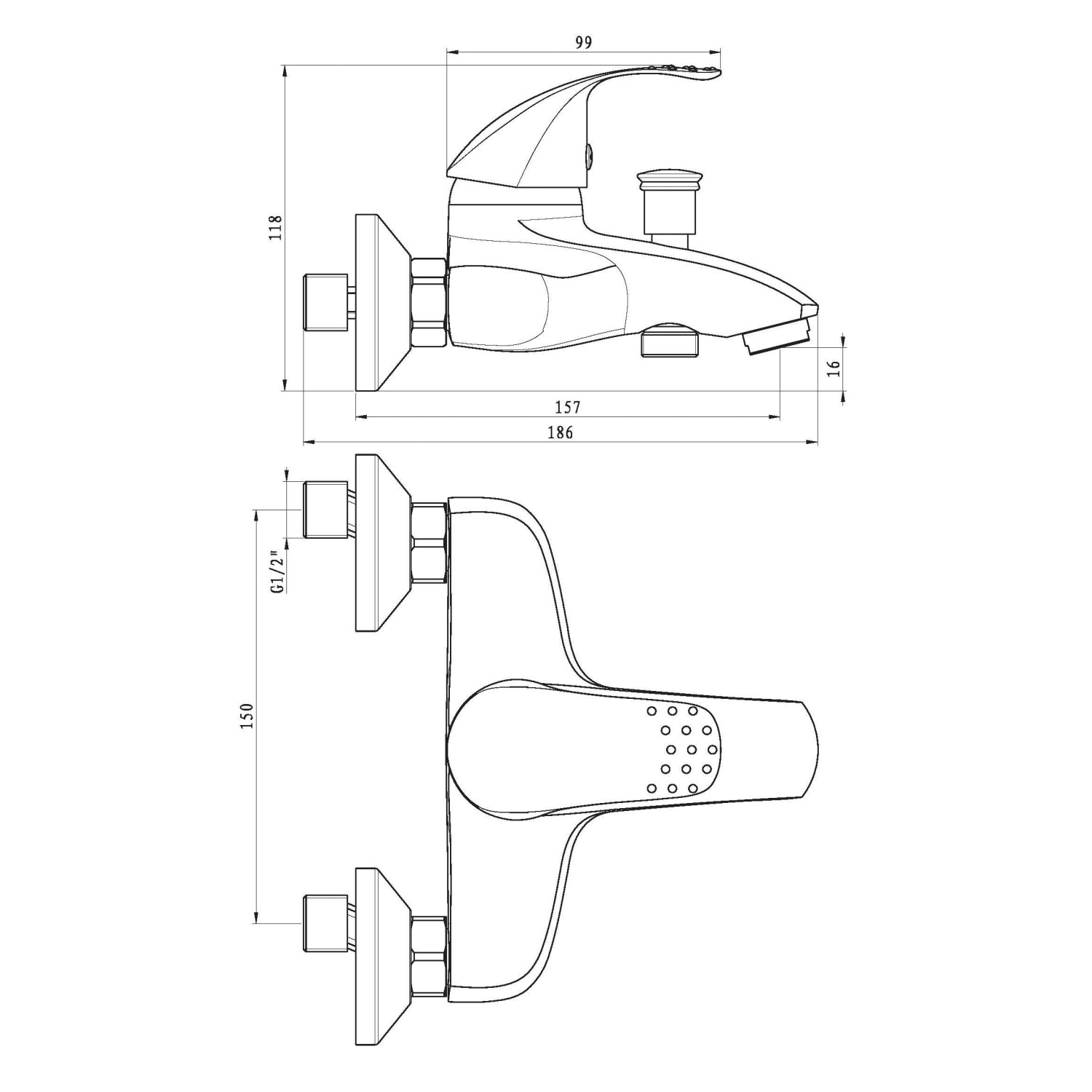 Technische Zeichnung: Eisl ROMA Wannenarmatur in Chrom mit Maßen.