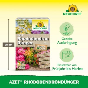 Neudorff Azet Rhododendron-Dünger 2,5kg Packung mit Rhododendronblüten. Für Wachstum und Blüte.